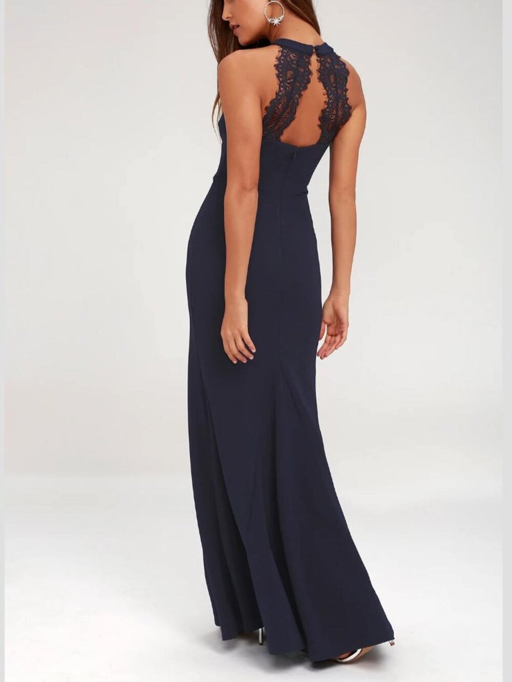 Lulus Joella Navy Blue Lace Halter Maxi Dress open back formal evening prom